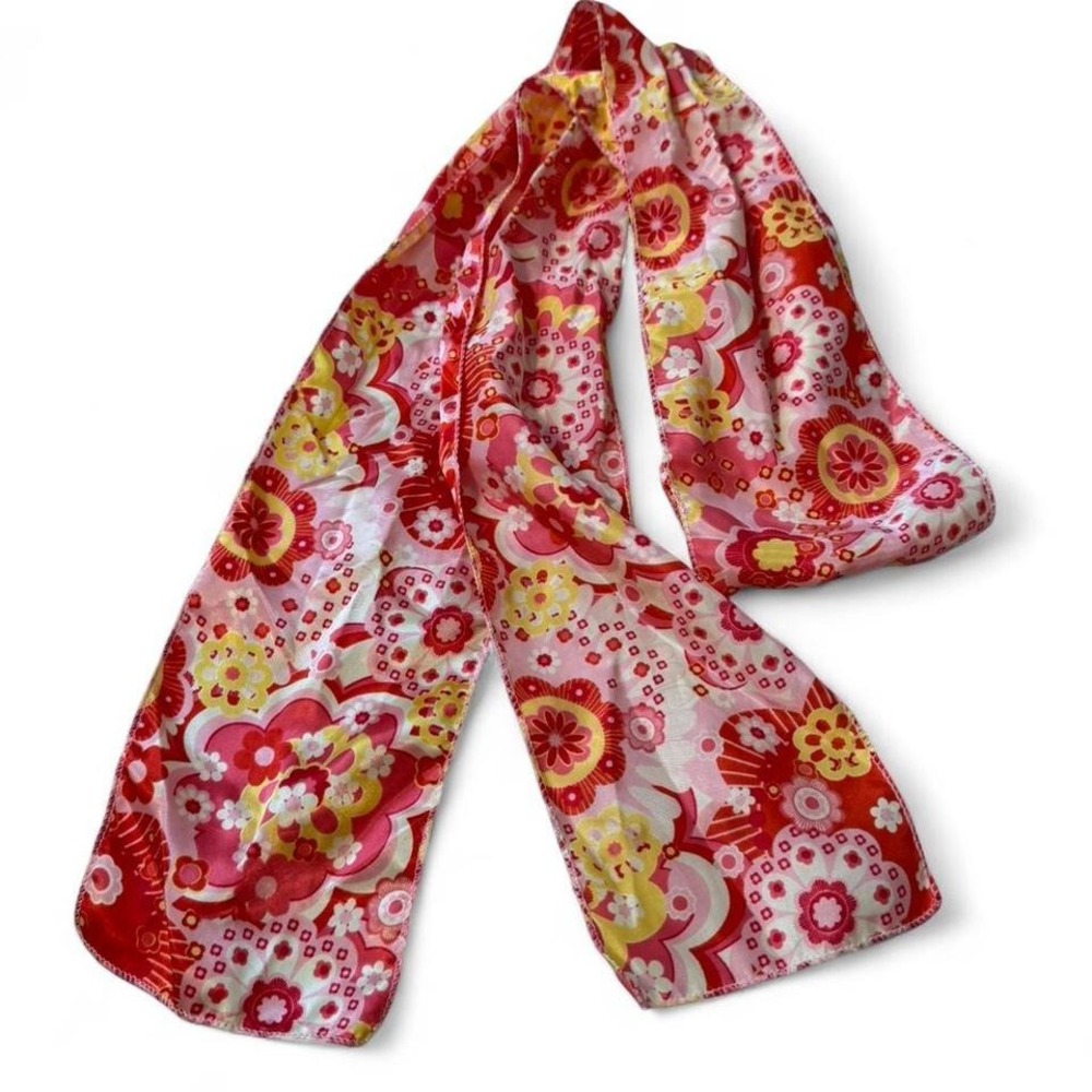 boho Red and yellow floral silky satin thin‎ scarf